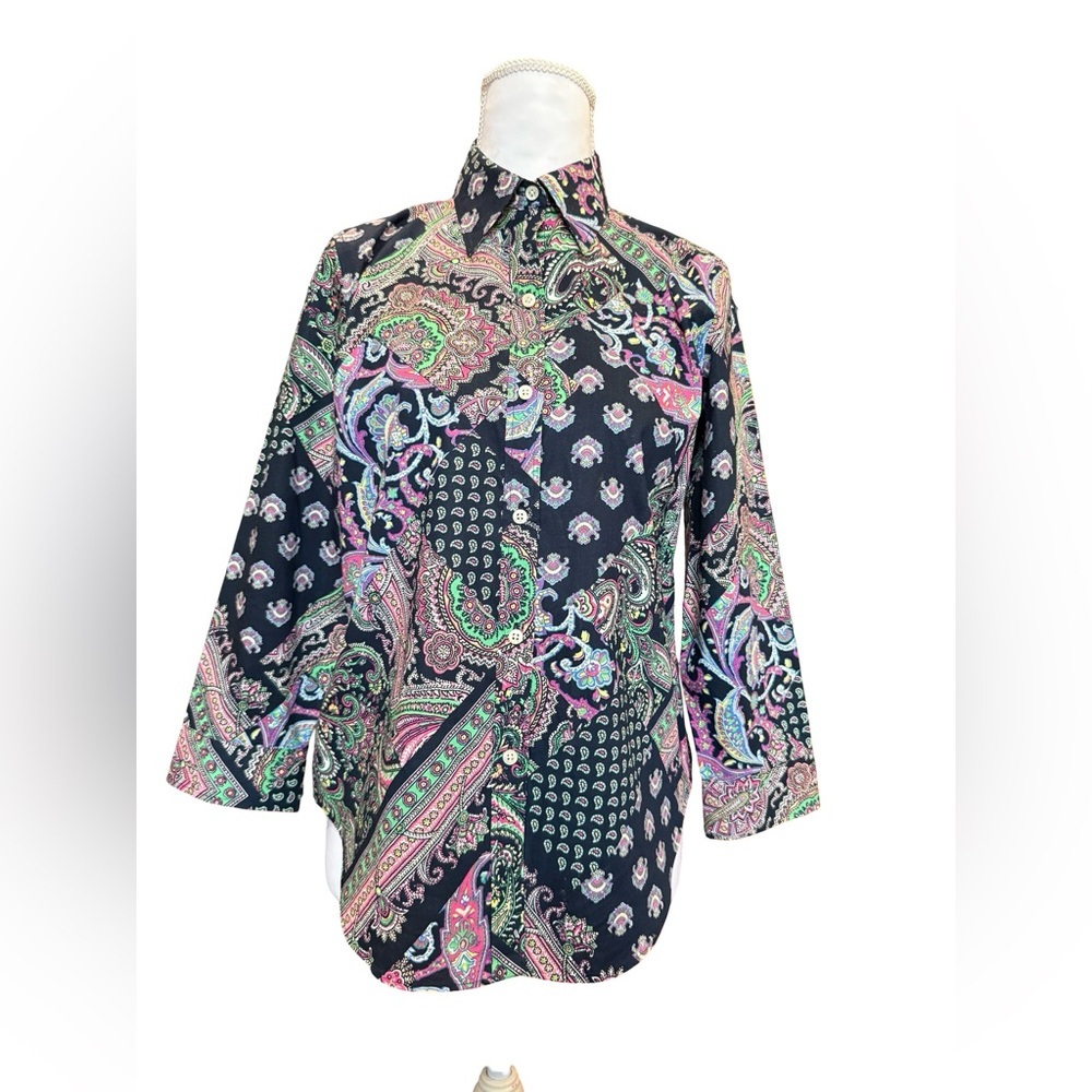 Lauren Ralph Lauren Petite Small Paisley Button Down Blouse 100% Cotton